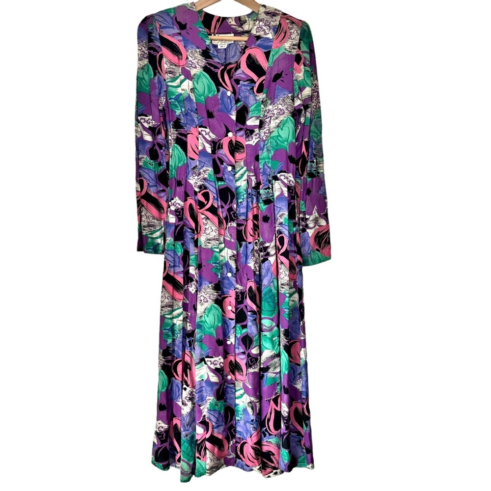 VTG Lisa Peron 90s Small NWT Multicolor Memphis Floral Midi Dress Button Front